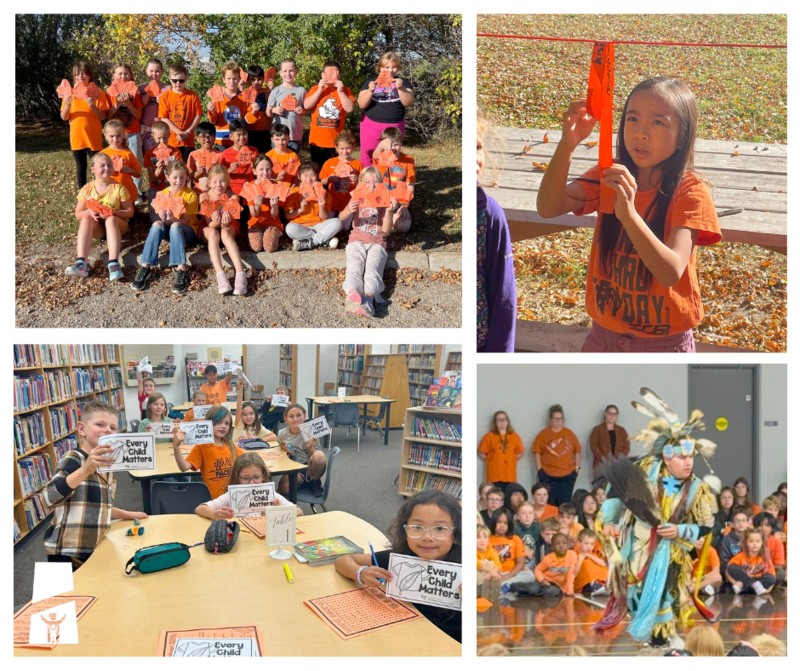 Collage of Horizon students and staff marking the National Day for Truth and Reconciliation with orange shirts, art, ribbons, and a traditional dance performance.
