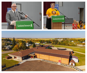 A collage of three images from the Kelvington School grand reopening. The top-left photo shows a man in a grey suit speaking at a podium with a green Saskatchewan sign, standing in front of maroon curtains and grey wall panels. The top-right photo shows a woman in a Kelvington School T-shirt speaking at a similar Saskatchewan-branded podium, with students seated behind her in matching school shirts. The bottom photo is an aerial view of Kelvington School, showing the renewed building.