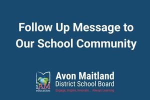 Blue background with centred white text "Follow Up Message to our School Community" and AMDSB logo