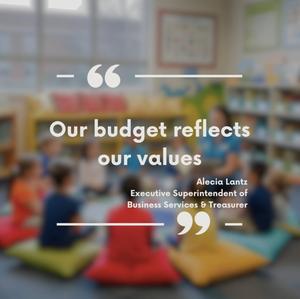 image of a classroom with text reading our budget reflects out values