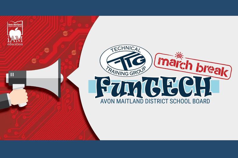 A promotional graphic for the Avon Maitland District School Board’s March Break “FunTECH” program. The right side shows the Technical Training Group logo above the stylized word “FunTECH,” with “Avon Maitland District School Board” written below. A red stamp‑style label reads “March Break” with a small sun icon. On the left, a hand holds a megaphone against a red circuit‑board background. The AMDSB iAM Education logo appears in the top-left corner.