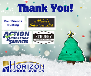 A festive “Thank You!” graphic featuring supporter logos for Horizon School Division’s Christmas Hamper Project. Logos shown include Four Friends Quilting, Nichols Interiors Ltd., Action Restoration Services, and Strueby Plumbing & Heating. A cute illustrated Christmas tree with a smiling face appears on the right, with snow and colourful stars in the background. The Horizon School Division logo is at the bottom.