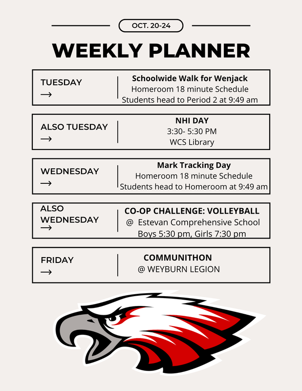 plain background with weekdays blocked out. Information listed for each day. Eagles logo at bottom of page.