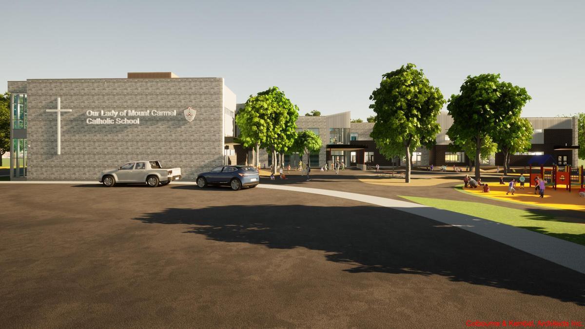 Rendering of exterior of Our Lady of Mount Carmel Catholic School.