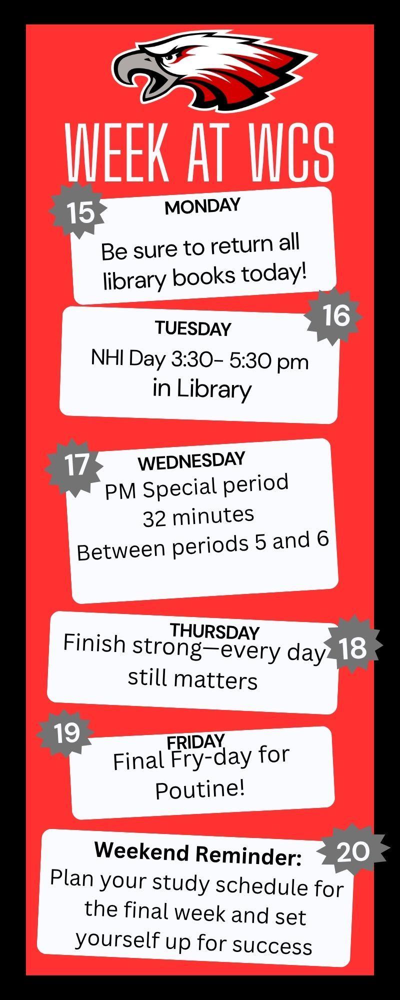 Red vertical rectangle with black border. Eagles logo top centre above title. Each day has a white horizontal rectangle with a grey star badge with date in the upper corner.