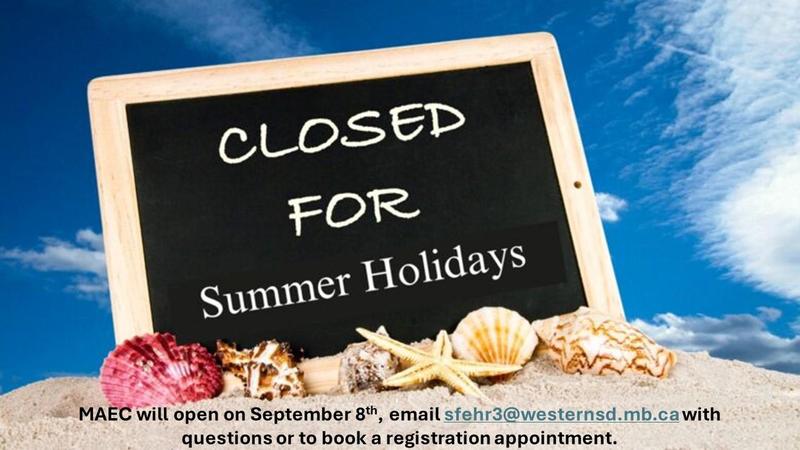 A summer closure notice with a beach background and a sign that reads “Closed for Summer Holidays.”