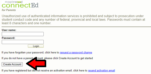 Image of the Student Information Portal login page with an arrow pointing to the "Create Account" button