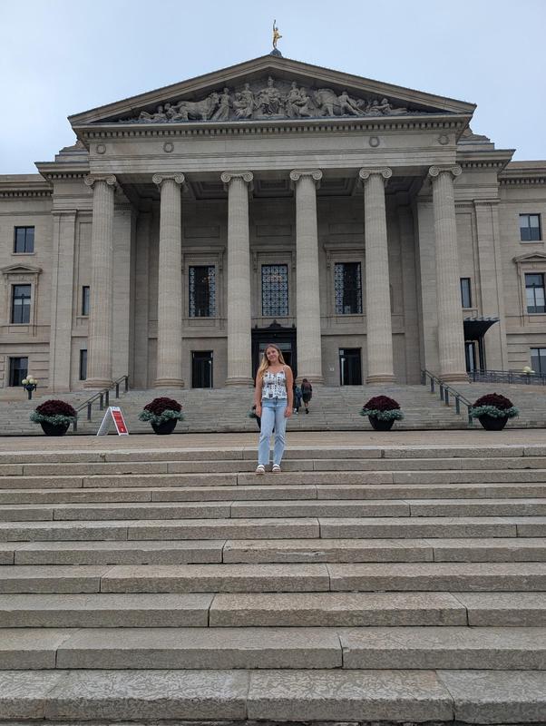 Grandview students standing on the steps of the Manitoba Legislative building.