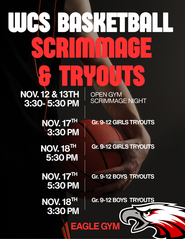 Black backdrop with a hand holding a basketball in the shadows. Eagles logo on bottom right. Details listed in the middle.