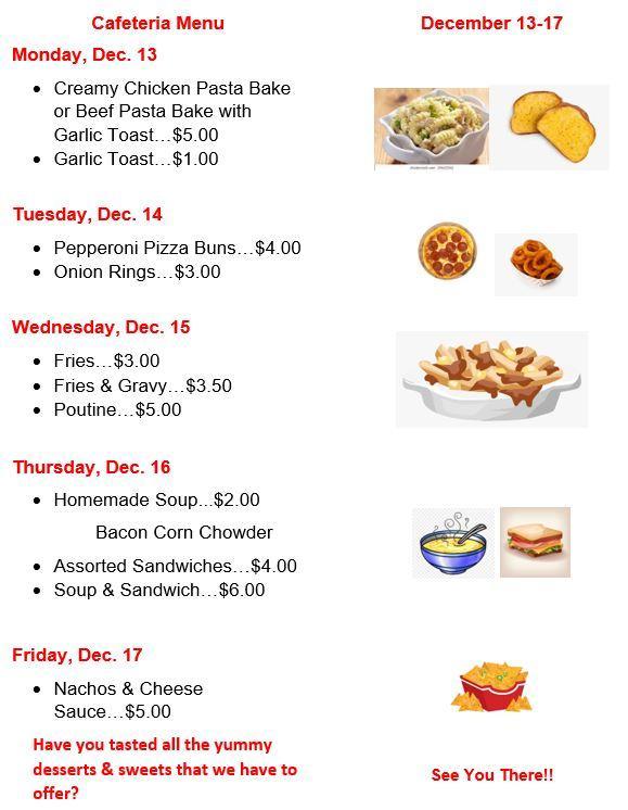 Cafeteria Menu Dec. 13-17, 2021