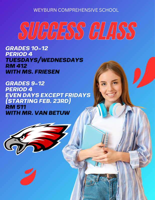 Bluea background: darker on top , fading to lighter on bottom. There is a smiling student with headphones around her neck, holding a notebook to her chest. On the lower left is the Eagles logo with red splashes underneath.