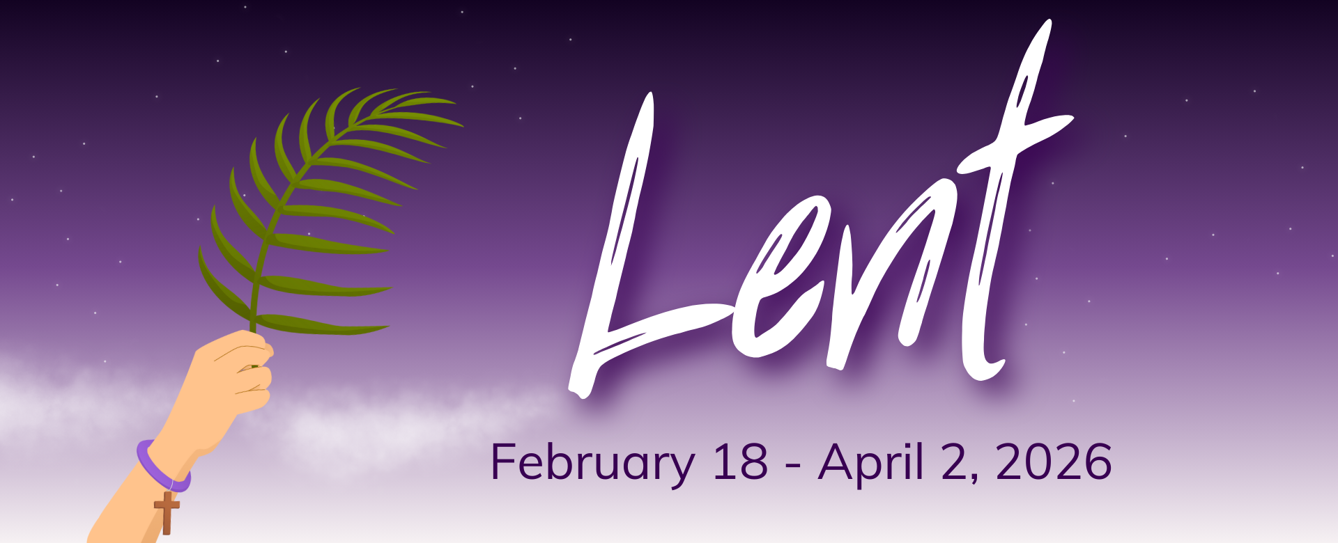 Hand with Palm leaf. Purple background. Lent February 18 - April 2, 2026