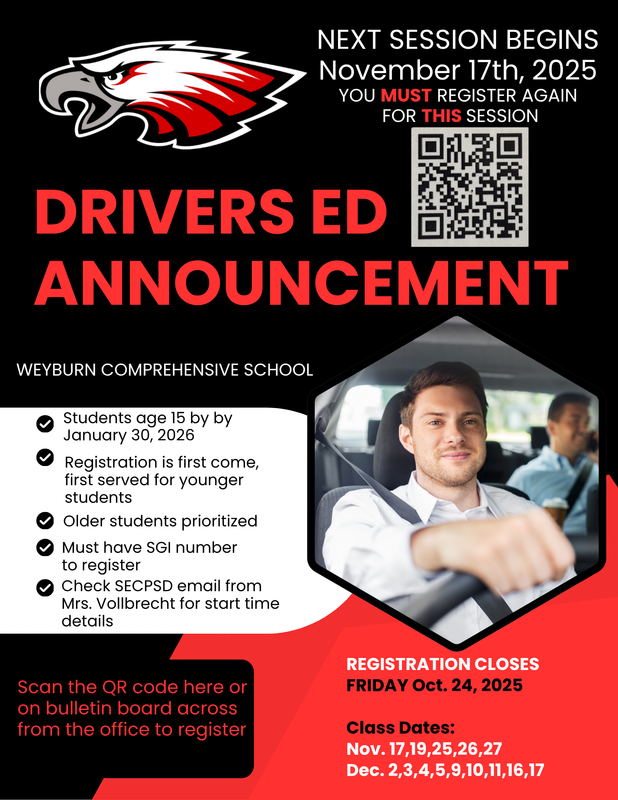 Black and red background. Young man driving at the steering wheel. Eagles logo top left. QR code top right. Information listed throughout.