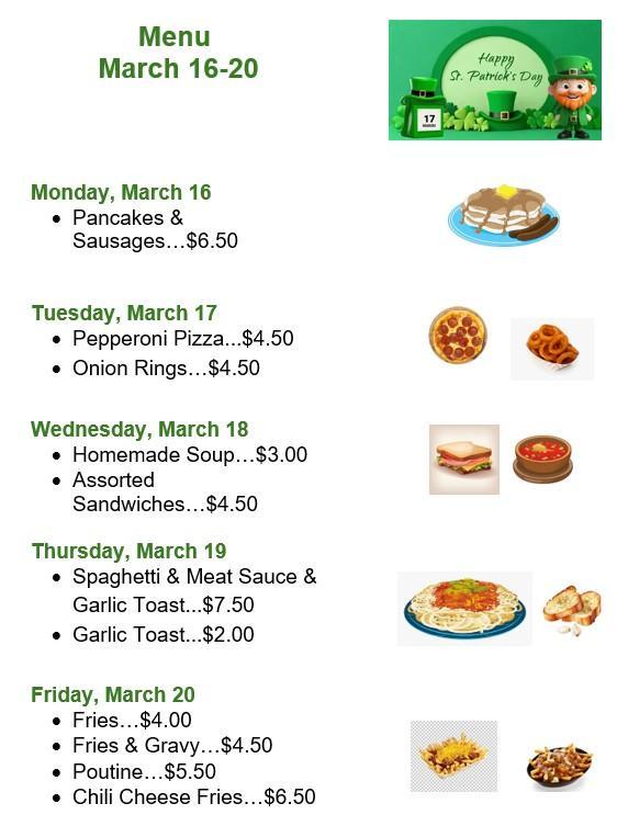 Title and dates are in green along the left side. Under each date are menu items and prices. To the righr are stock  photos of the menu items. In the top right corner is a green box with a picture of a green leprechaun hat on a calendar date, there are clovers in background, and a little green leprechaun with an orange beard on the far right side.