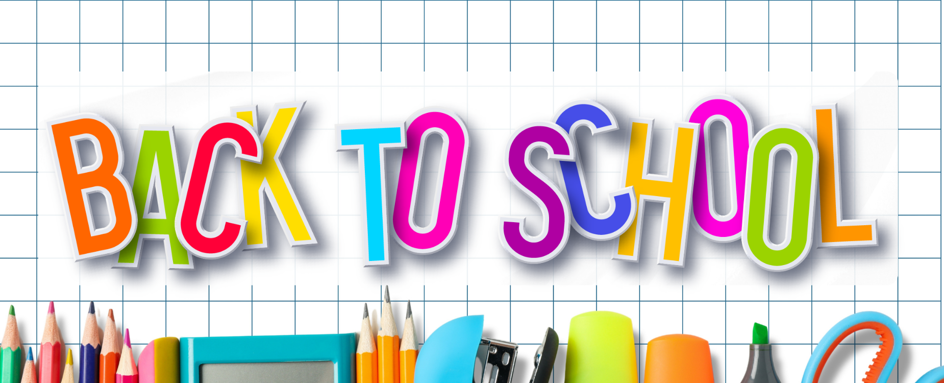 Graph paper with "Back to School", and school supplies along the bottom.