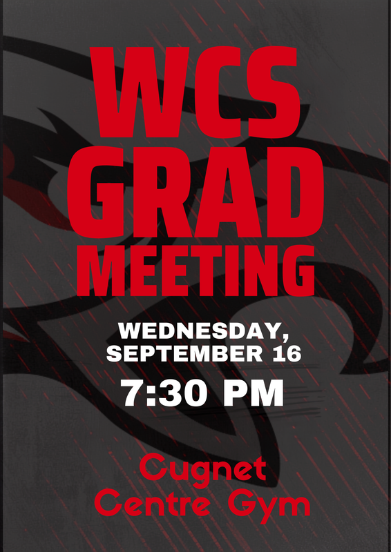 Red and black text sharing the grad meeting details.