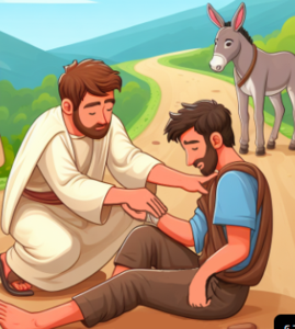 picture of the Good Samaritan helping a man