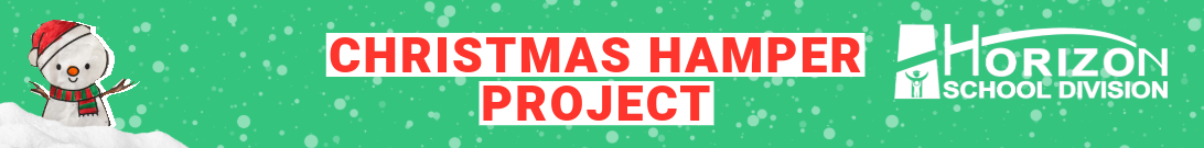 Children's drawing of a snowman, text: 'Christmas Hamper Project' and the Horizon School Division logo