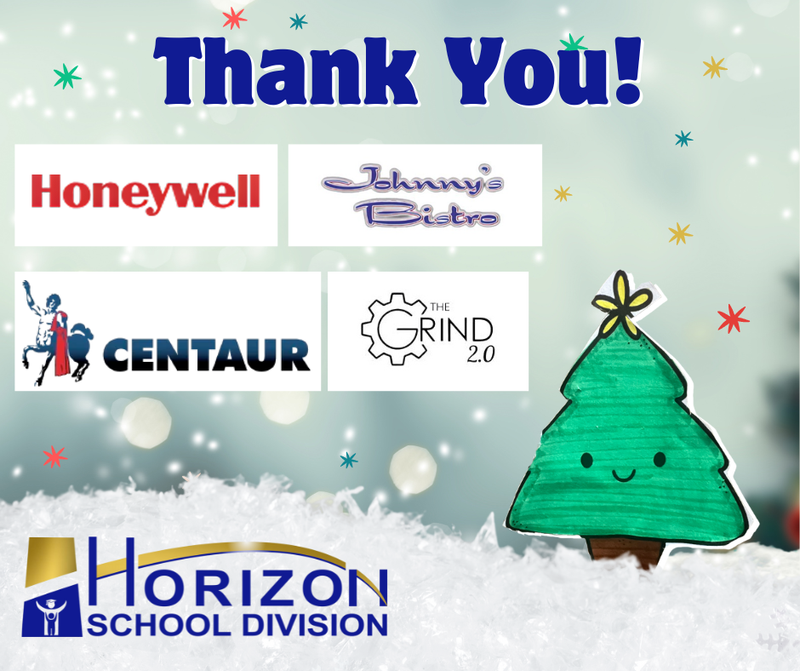 A festive “Thank You!” graphic featuring supporter logos for Horizon School Division’s Christmas Hamper Project. Logos shown include Honeywell, Johnny’s Bistro, Centaur, and The Grind 2.0. A cute illustrated Christmas tree with a smiling face appears on the right, surrounded by snow and colourful stars. The Horizon School Division logo is at the bottom.