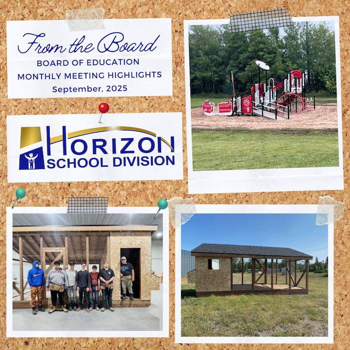 Board highlights graphic with Horizon logo, a new playground, and students working on wooden shed construction projects.