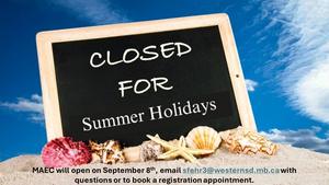 A summer closure notice with a beach background and a sign that reads “Closed for Summer Holidays.”