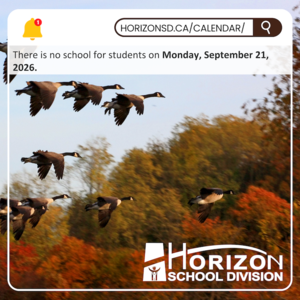 Canada geese flying over autumn trees with text noting no school for students on Monday, September 21, 2026.