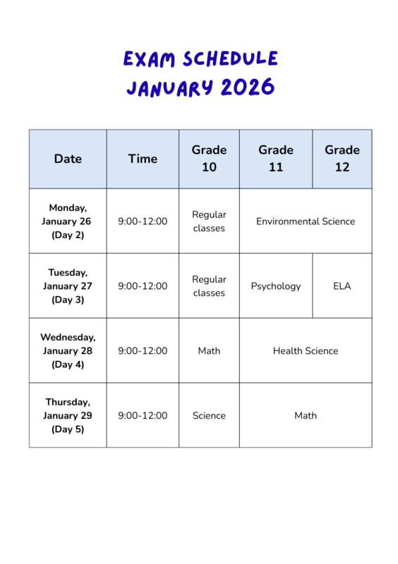 january exam schedule