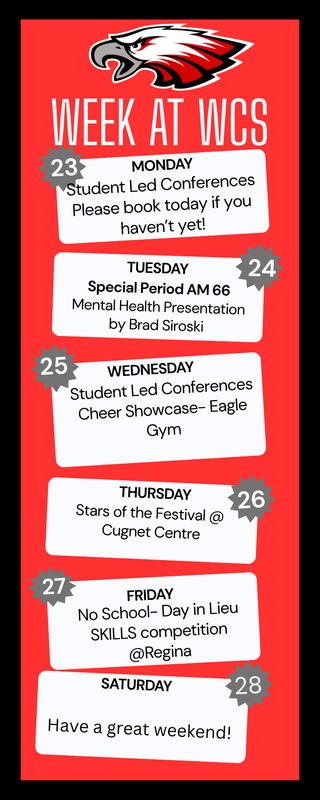 Red background with black border. Eagles logo top centre. White title below.Each Weekday has a white horizontal textbox with the date inside a grey badge in an upper corner. The information for the date is listed accordingly.