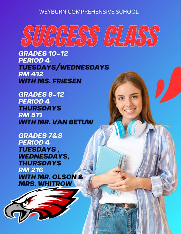 Blue background with Bold red title across the top. Details are listed down the left side with the Eagles logo at the bottom. The right side of the page has a smiling student with long , light brown hair., headphones around her neck, holding a light blue book in front of her.