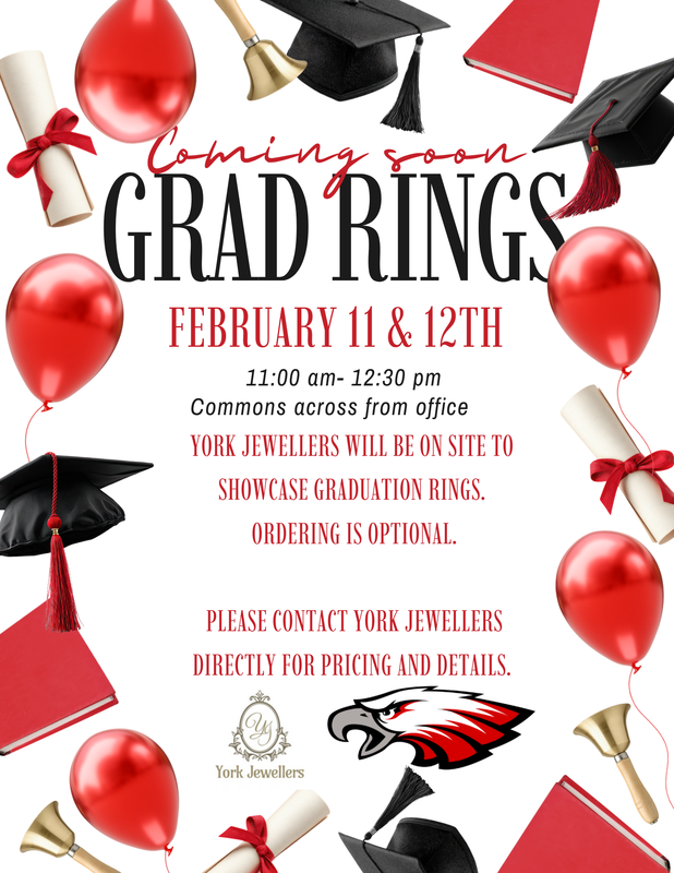 White background with a border of red balloons mised with graduation scrolls, black graduations caps, and bells. The information is in the centre with a small York Jewellers logo to the lower left, and the Eagles logo on the right.