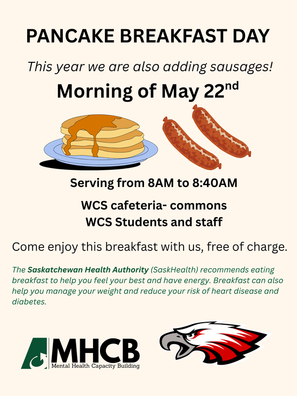 Cream background with illustrations of a stack of pancakes and sausages are in the upper middle of page. Along the bottom are the logos for MHBC and the  WCS Eagle logo