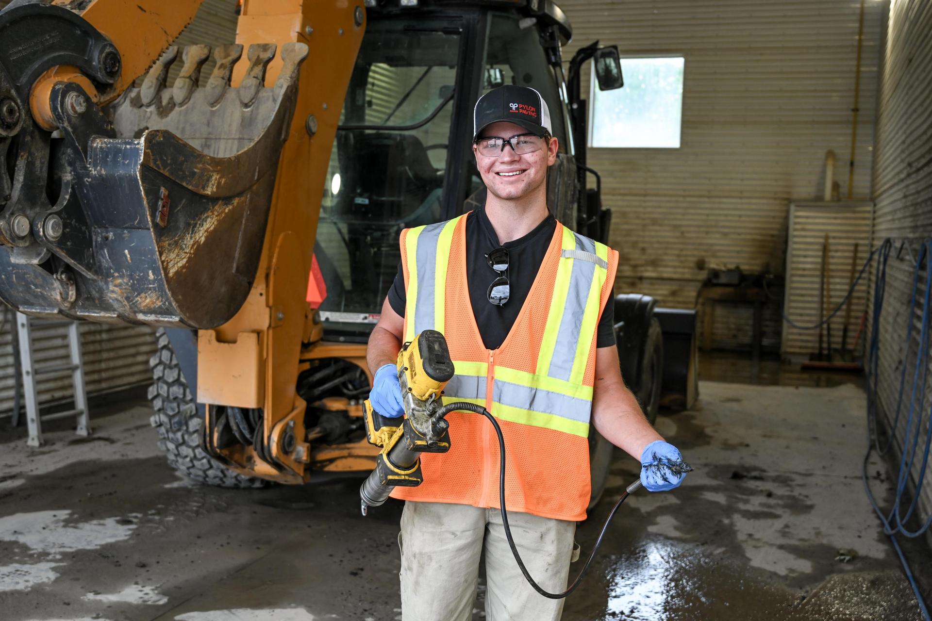 a student dressed in construction gear