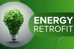 Lightbulb covered in green leaves with text "Energy Retrofit".
