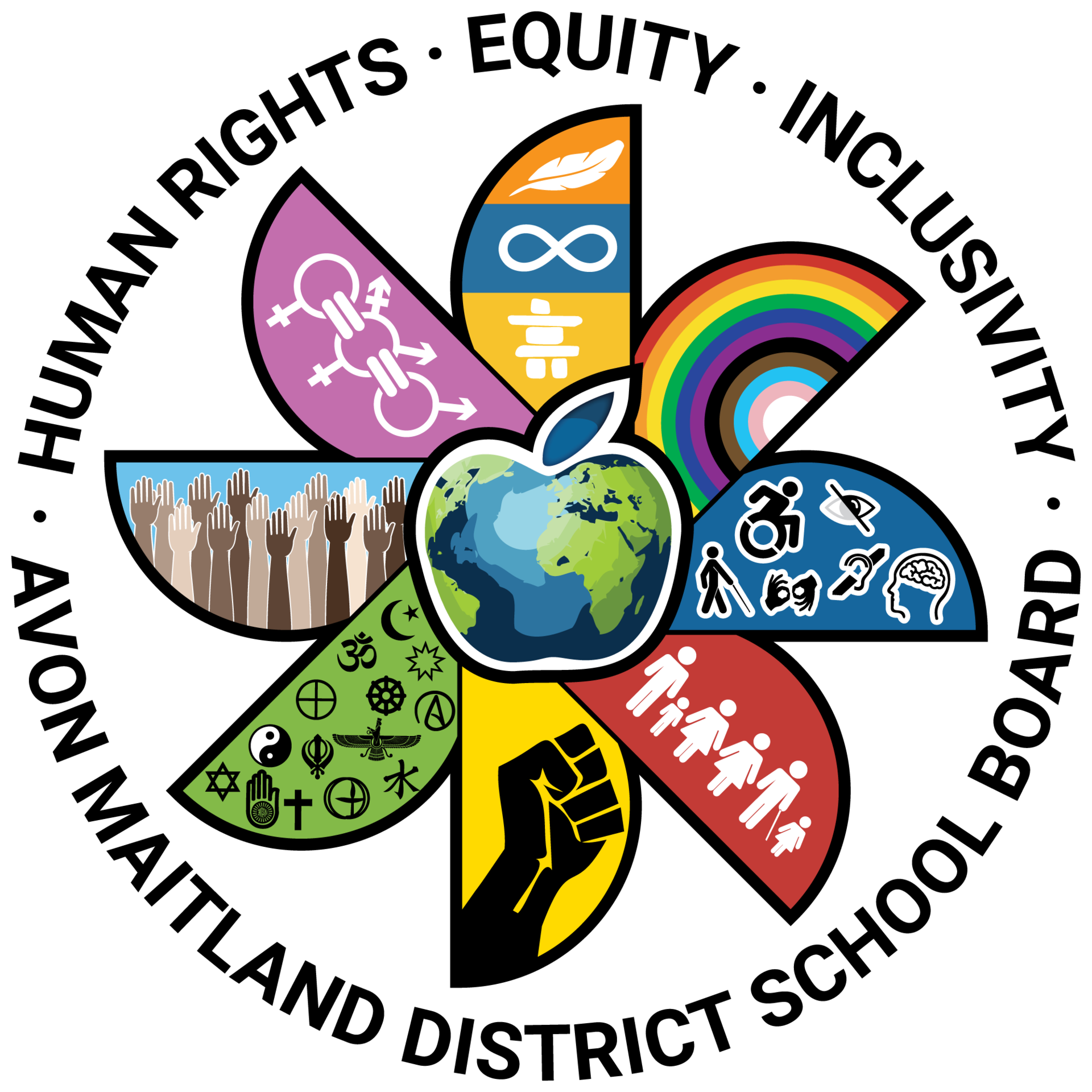 AMDSB Equity Logo - Petals around a circle symbolizing different aspects of equity work