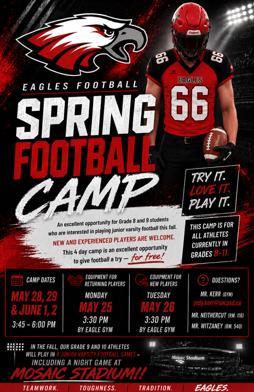 Black background with red accents. Top left side is the Eagles Logo. Along the upper right is a photo of an Eagles athlete in full gear with 66 on his jersey.