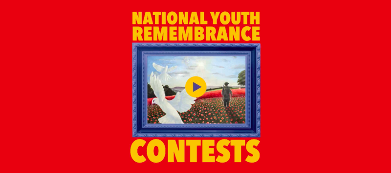 Photo of dove and soldier in poppy field with text reading National Youth Remembrance Contests