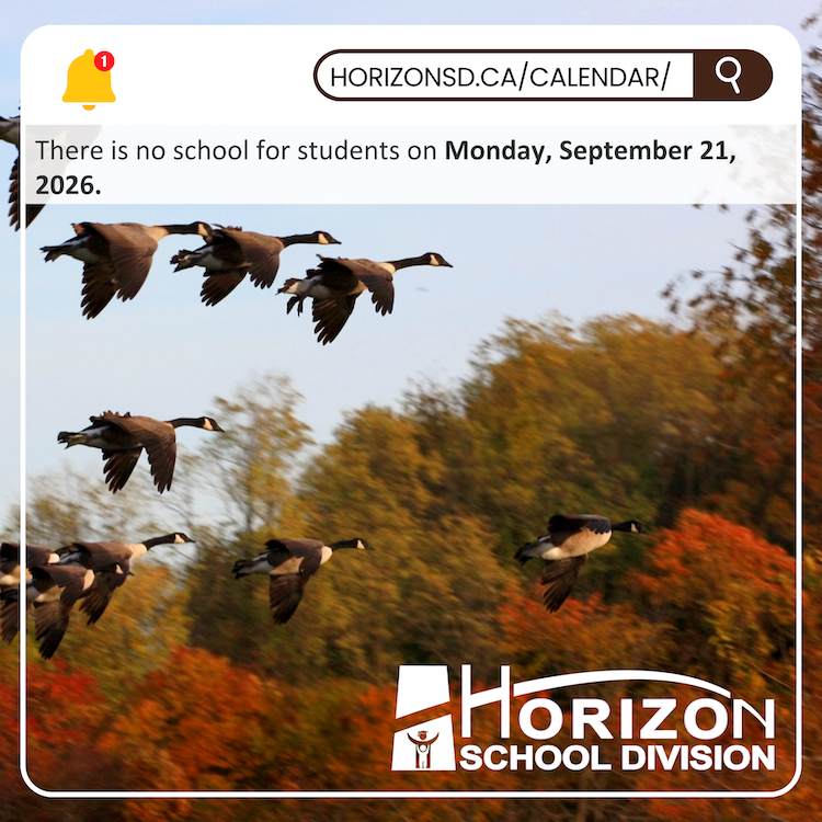 Canada geese flying over autumn trees with text noting no school for students on Monday, September 21, 2026.