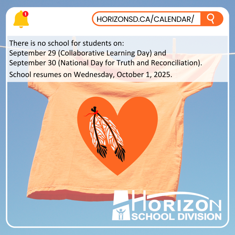 An orange shirt with a heart-shaped design featuring two illustrated feathers hangs on a clothesline against a clear blue sky. Overlaid text announces no school on September 29 (Collaborative Learning Day) and September 30 (National Day for Truth and Reconciliation), with classes resuming on Wednesday, October 1, 2025. The Horizon School Division logo appears in the bottom right corner, and a notification bell with a search bar displaying "HORIZONSD.CA/CALENDAR/" is at the top.