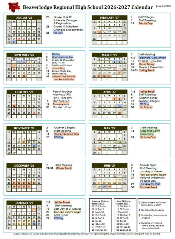 2026-2027 BRHS School Calendar Featured Photo