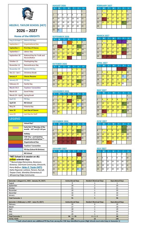 HET School Calendar 2026/2027