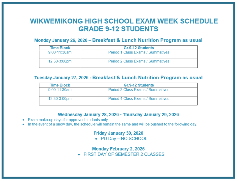 All grades 9-12 students will be writing Exams on Monday, January 26, 2026 and Tuesday, January 27, 2026. Featured Photo