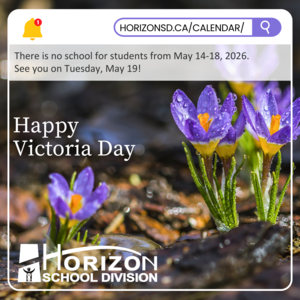 Vibrant purple crocuses with droplets of water on their petals bloom in a damp, earthy setting, symbolizing the arrival of spring. Overlaid text announces no school for students from May 14-18, 2026, with classes resuming on Tuesday, May 19. "Happy Victoria Day" is displayed in large white text. A notification bar at the top shows "HORIZONSD.CA/CALENDAR/," and the Horizon School Division logo appears in the bottom left corner.