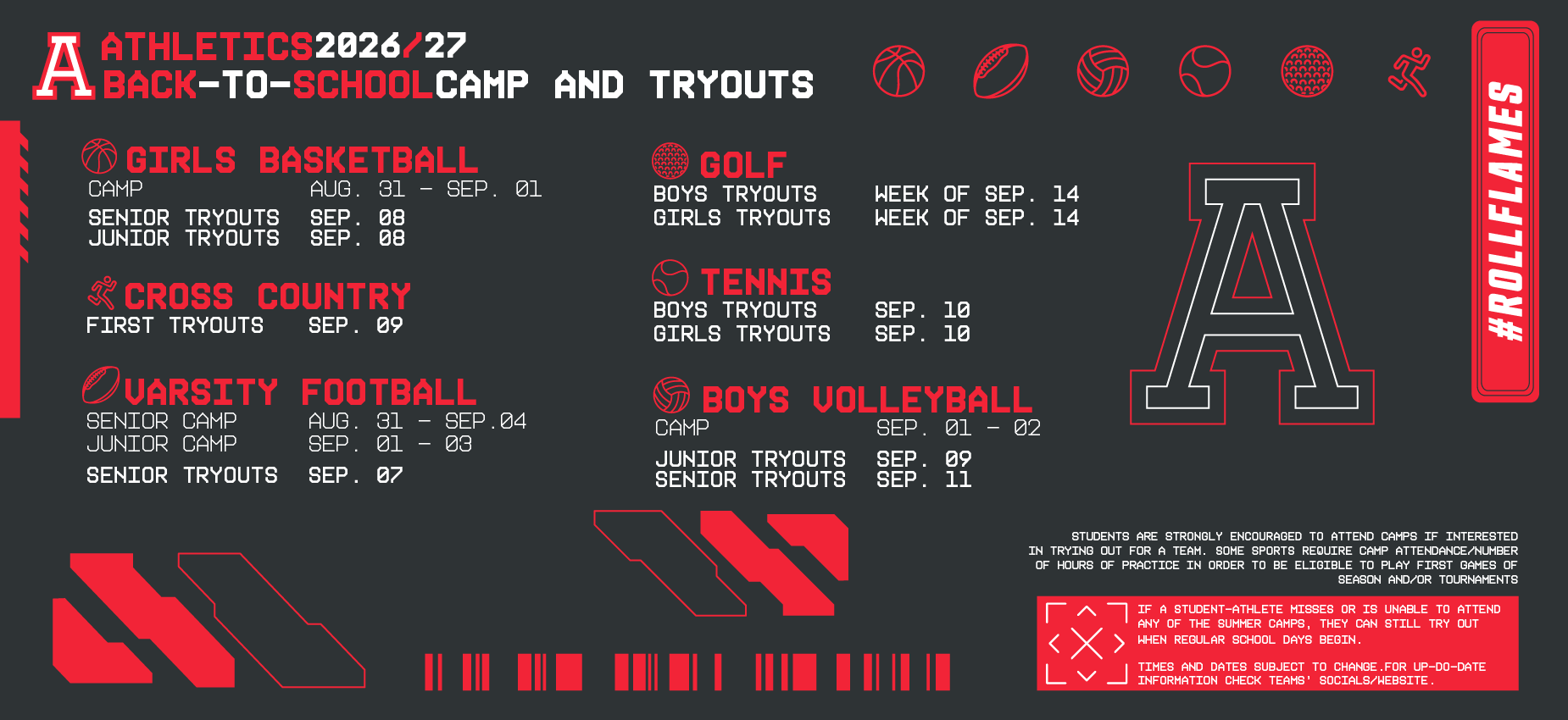Athletics Fall 2026 Back to school Camp and Tryouts schedule