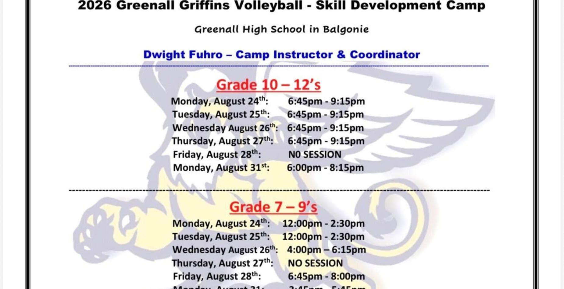 2026 Greenall Volleyball Skill Development Camp Grades 7-12. August 24-31