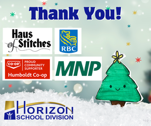 A festive “Thank You!” graphic featuring supporter logos for Horizon School Division’s Christmas Hamper Project. Logos shown include Haus of Stitches, RBC, Humboldt Co-op, and MNP. A cute illustrated Christmas tree with a smiling face appears on the right, surrounded by snow and colourful stars. The Horizon School Division logo is at the bottom.
