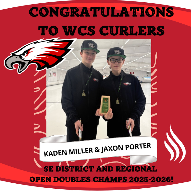 Red background. Black title on top. Light red squiggles form a background square in the middle. On top of that is a picture of two teens in black curling outfits holding curling brooms and a trophy. Below them is a white banner with their names. Top left corner of their picture is an Eagles logo.