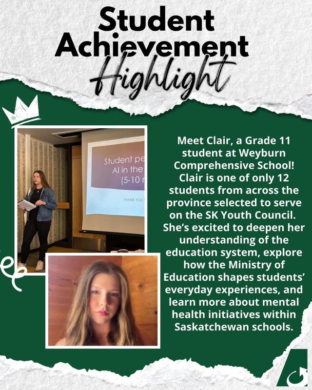 Forest green background with ripped edges on a grey paper poking out from the top and bottom. Middle left is a picture of Clair presenting in front of a screen. Below and slightly to the right is a close up of Clair's face. The write up is in white font along the right side. Small SECPSD logo in the bottom right corner.