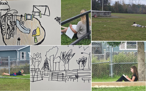 photos of students sketching outdoors.