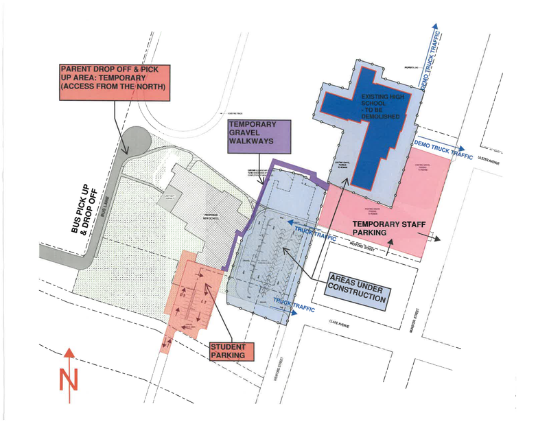 A site map of the new Lanigan School showing temporary parking and traffic routes. Parent drop-off and pick-up is marked at the north end, bus pick-up and drop-off is along the west side, and student parking is in a red area to the south. Temporary staff parking is shown to the east, with construction zones and demo truck traffic routes also marked. Temporary gravel walkways connect parking areas to the school entrance.
