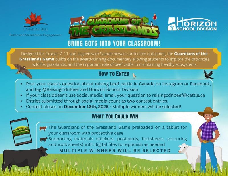 Promotional graphic for the “Guardians of the Grasslands” classroom contest for Grades 7–11, featuring illustrations of cattle, prairie grasslands, and a student with a tablet.